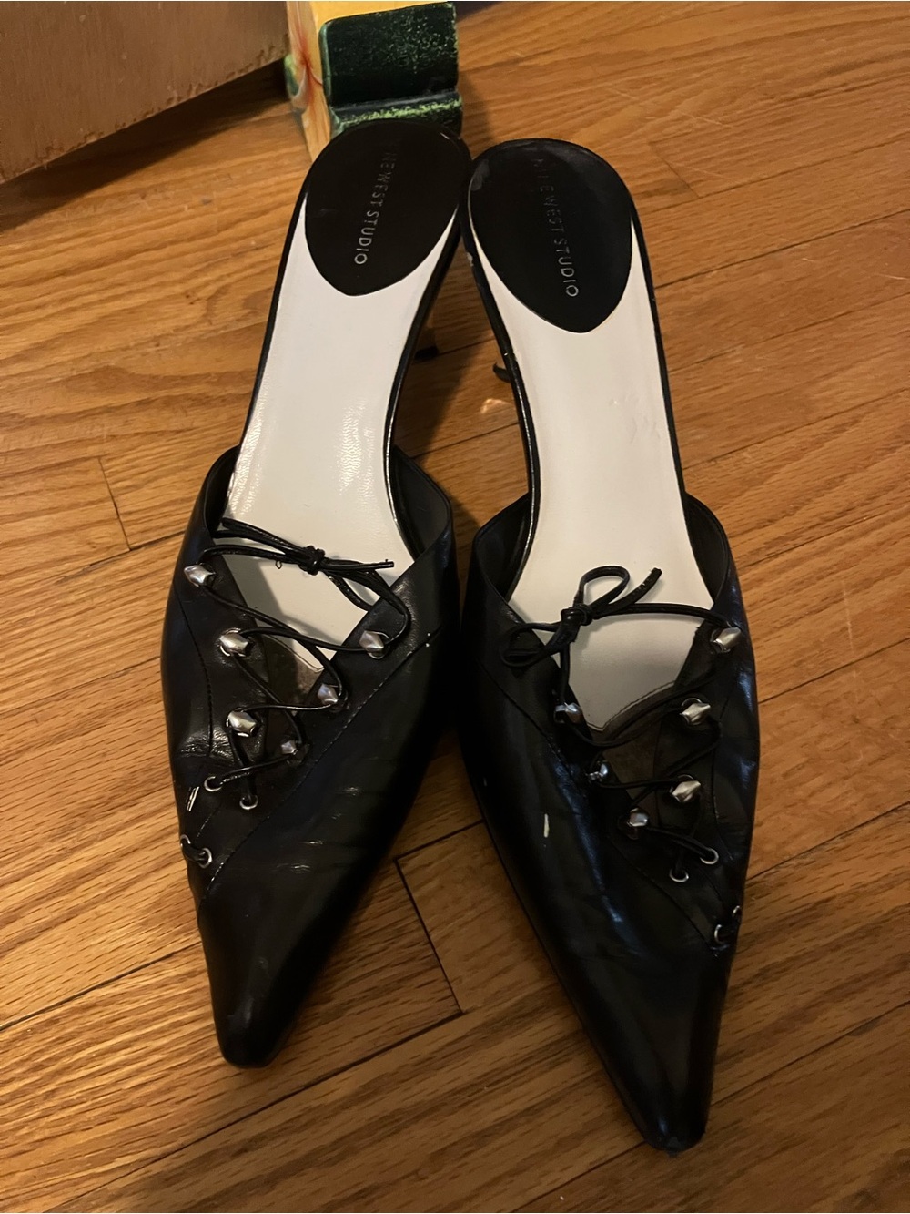 Nine West Black Pointed Lace-Detail Mules